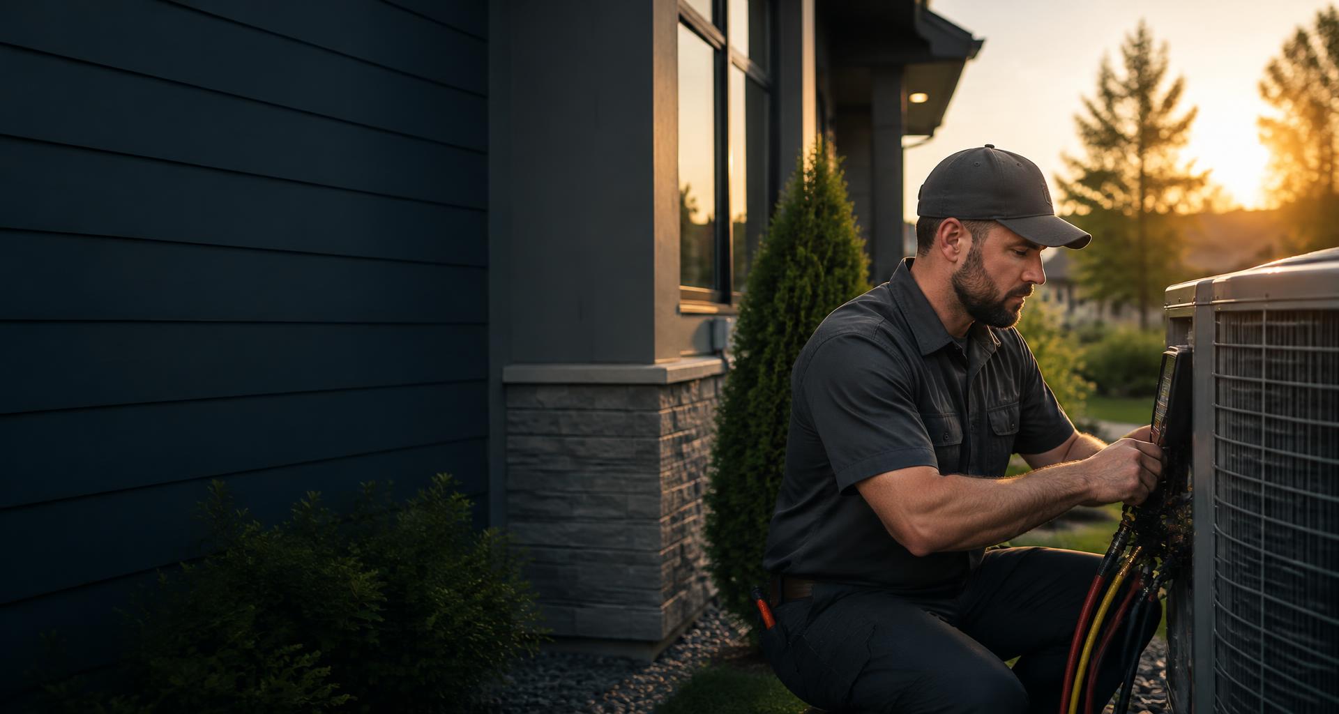 HVAC technician working on a customer's outdoor air conditioning unit